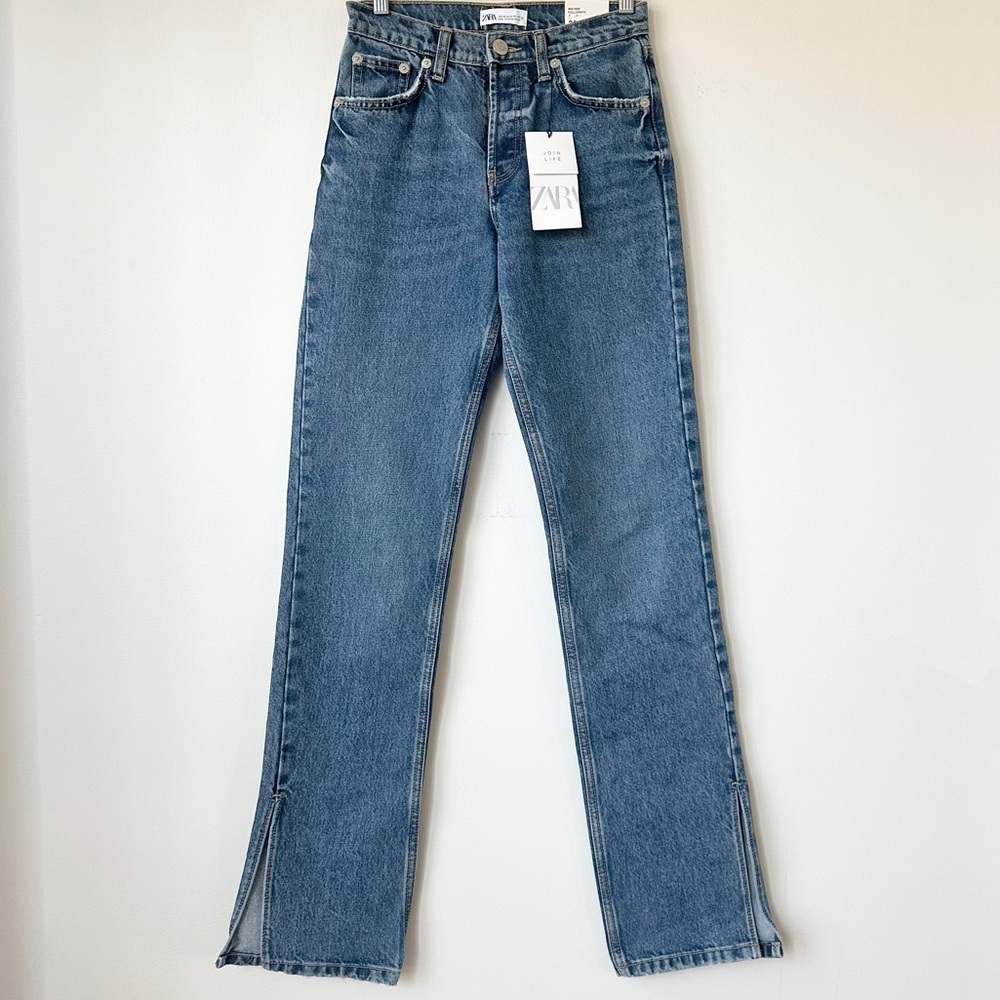 ZARA | (NWT) MID RISE SPLIT SLIT STRAIGHT JEANS MEDIUM BLUE WASH 8727/238/485